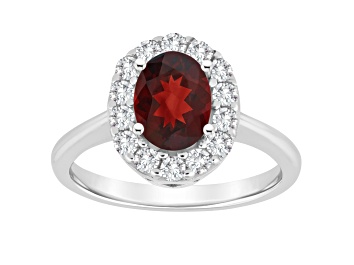 Picture of 8x6mm Oval Garnet And White Topaz Accents Rhodium Over Sterling Silver Halo Ring