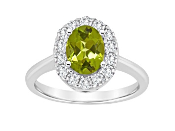 Picture of 8x6mm Oval Peridot And White Topaz Accents Rhodium Over Sterling Silver Halo Ring