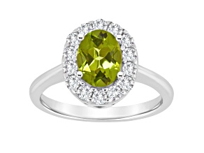 8x6mm Oval Peridot And White Topaz Accents Rhodium Over Sterling Silver Halo Ring