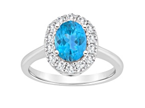 8x6mm Oval Swiss Blue Topaz And White Topaz Accents Rhodium Over Sterling Silver Halo Ring