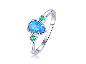 Pear Shape Lab Created Blue Opal and Round Green Nanocrystal Sterling Silver 3-Stone Ring