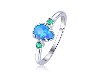 Picture of Pear Shape Lab Created Blue Opal and Round Green Nanocrystal Sterling Silver Opal Ring 3-Stone Ring