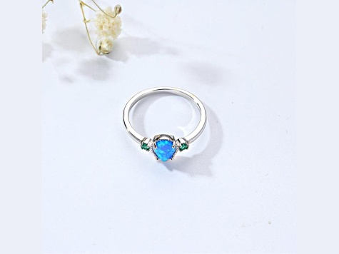 Pear Shape Lab Created Blue Opal and Round Green Nanocrystal Sterling Silver 3-Stone Ring