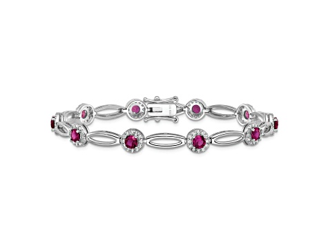 Rhodium Over Sterling Silver Fancy Lab Created Ruby and Cubic Zirconia Bracelet