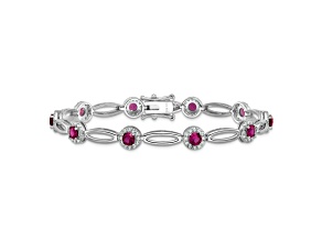 Rhodium Over Sterling Silver Fancy Lab Created Ruby and Cubic Zirconia Bracelet