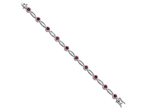 Rhodium Over Sterling Silver Fancy Lab Created Ruby and Cubic Zirconia Bracelet