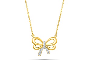 White Diamond 14K Yellow Gold Over Sterling Silver Bow Station Necklace 0.05ctw