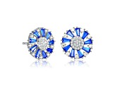 Sapphire Blue Cubic Zirconia, Rhodium Plated over Sterling Silver Wreath Stud Earrings