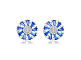 Sapphire Blue Cubic Zirconia, Rhodium Plated over Sterling Silver Wreath Stud Earrings