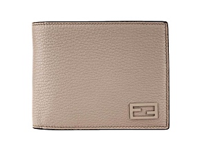 Fendi FF Logo Plaque Light Gray Pebbled Calf Leather Bifold Wallet