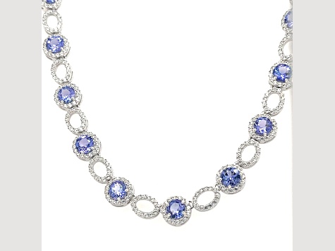 Tanzanite 5mm Round and White Zircon Rhodium Over Sterling Silver Necklace