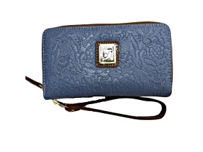 Stone Mountain Cornell Batik Embossed Leather Large Double Zip Wallet/Wristlet Strap Denim Color