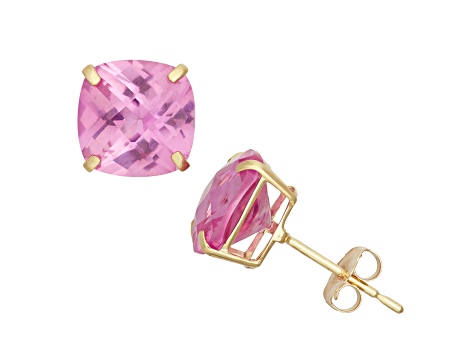 Cushion Lab Created Pink Sapphire 10K Yellow Gold Earrings 1.06ctw