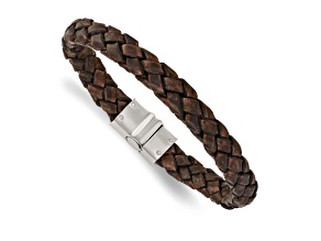 Brown Woven Leather and Stainless Steel Polished 8.75-inch Bracelet