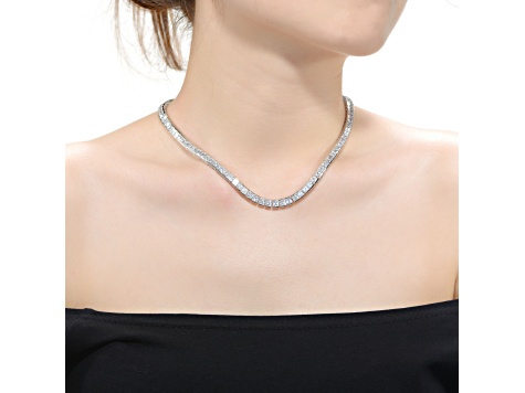 Clear Cubic Zirconia, Rhodium Plated over Sterling Silver Flower Design Tennis Necklace