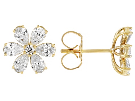 White Lab Grown Diamond, 14k Yellow Gold Flower Stud Earrings 1.25ctw