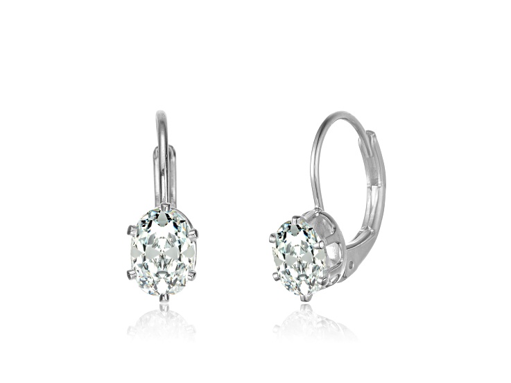 Clear Oval Cubic Zirconia, Rhodium Plated over Sterling Silver Leverback Earrings