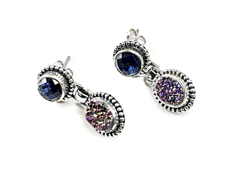 Drusy and Sapphire Doublet Sterling Silver Earrings 5.00ctw