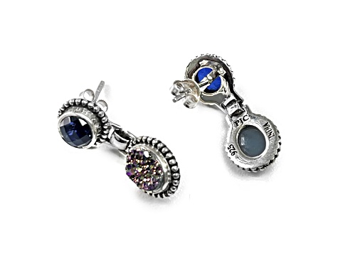 Drusy and Sapphire Doublet Sterling Silver Earrings 5.00ctw