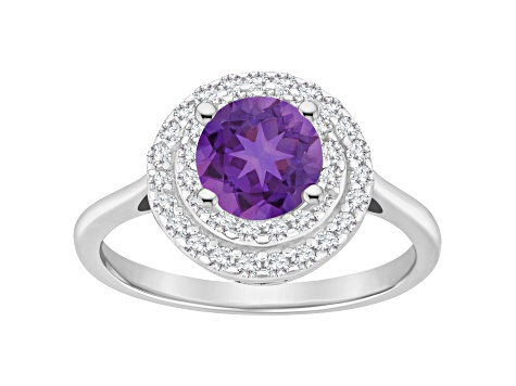 7mm Round Amethyst And White Topaz Accents Rhodium Over Sterling Silver Double Halo Ring