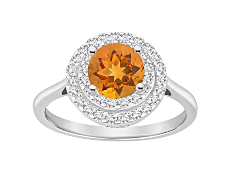 7mm Round Citrine And White Topaz Accents Rhodium Over Sterling Silver Double Halo Ring