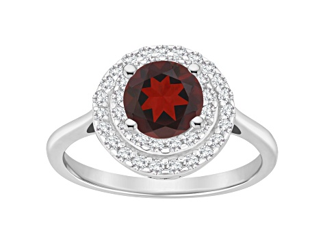 7mm Round Garnet And White Topaz Accents Rhodium Over Sterling Silver Double Halo Ring