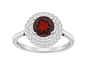 7mm Round Garnet And White Topaz Accents Rhodium Over Sterling Silver Double Halo Ring