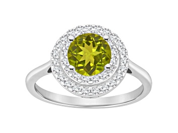 Picture of 7mm Round Peridot And White Topaz Accents Rhodium Over Sterling Silver Double Halo Ring