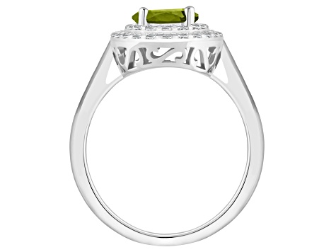 7mm Round Peridot And White Topaz Accents Rhodium Over Sterling Silver Double Halo Ring