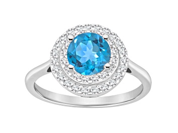 Picture of 7mm Round Swiss Blue Topaz And White Topaz Accents Rhodium Over Sterling Silver Double Halo Ring