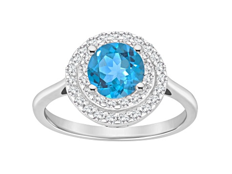 7mm Round Swiss Blue Topaz And White Topaz Accents Rhodium Over Sterling Silver Double Halo Ring