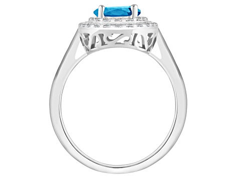 7mm Round Swiss Blue Topaz And White Topaz Accents Rhodium Over Sterling Silver Double Halo Ring