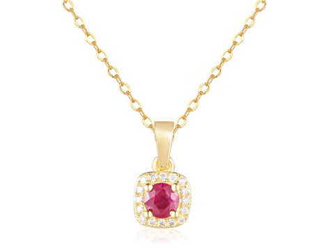 Ruby and Moissanite 14K Yellow Gold Over Sterling Silver Halo Style Pendant With Chain