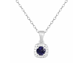 Blue Sapphire and Moissanite Sterling Silver Halo Style Pendant With Chain