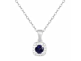 Blue Sapphire and Moissanite Sterling Silver Halo Style Pendant With Chain