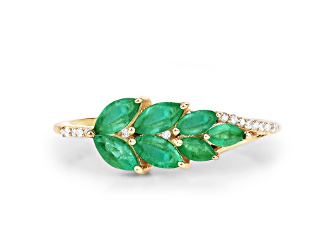 Zambian Emerald and White Diamond 14K Yellow Gold Cluster Leaf Ring