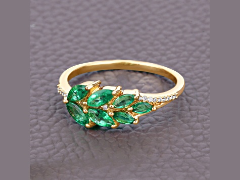 Zambian Emerald and White Diamond 14K Yellow Gold Cluster Leaf Ring
