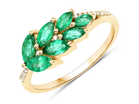 Zambian Emerald and White Diamond 14K Yellow Gold Cluster Leaf Ring