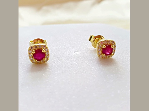 Red Ruby with Moissanite in 14K Yellow Gold Over Sterling Silver Halo Earrings