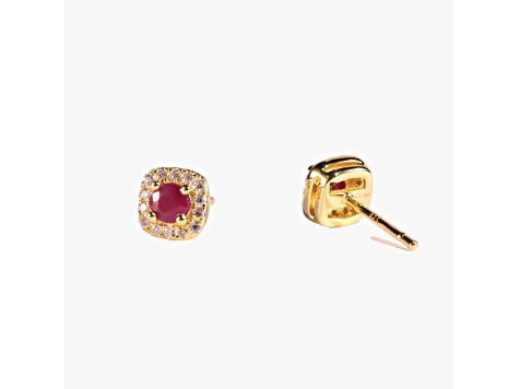 Red Ruby with Moissanite in 14K Yellow Gold Over Sterling Silver Halo Earrings