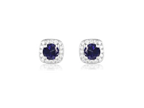 Blue Sapphire with Moissanite in Sterling Silver Halo Earrings