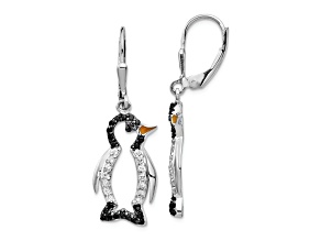 Rhodium Over Sterling Silver Enamel Black and White Cubic Zirconia Penguin Dangle Earrings