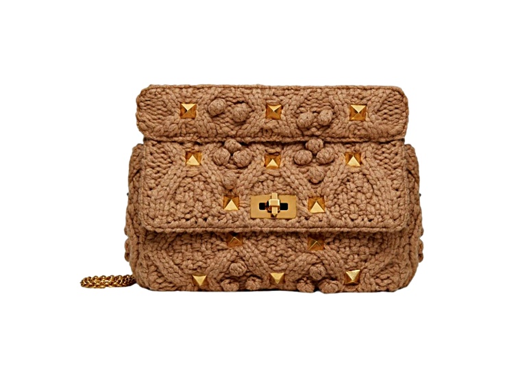 Valentino Garavani Roman Stud Large Shoulder Bag Brown Knit