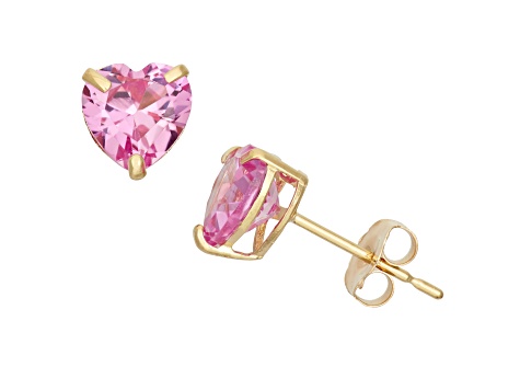 Lab Created Pink Sapphire Heart Shape 10K Yellow Gold Stud Earrings, 1.4ctw
