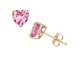 Lab Created Pink Sapphire Heart Shape 10K Yellow Gold Stud Earrings, 1.4ctw