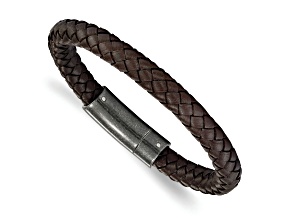 Brown Braided Leather and Stainless Steel Brushed 8.25-inch Bracelet