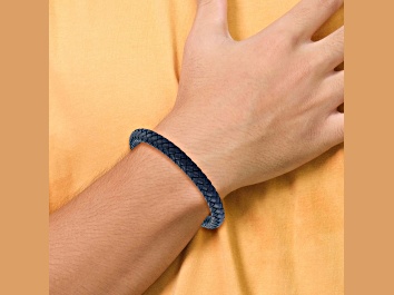 Picture of Blue Braided Leather and Stainless Steel Brushed 8.5-inch Bracelet