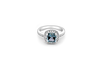 7mm Cushion Aquamarine and White CZ Rhodium Over Sterling Silver Ring, 1.54ctw