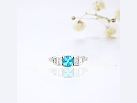 Rhodium Over Sterling Silver Paraiba Blue Apatite and Lab Grown Diamond Mixed Cut Ring 1.71ctw
