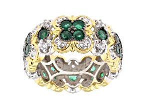 Green Grizzly Emerald, Zircon Rhodium & 24K Yellow Gold Over Palladium Sterling Silver Ring 2.42ctw